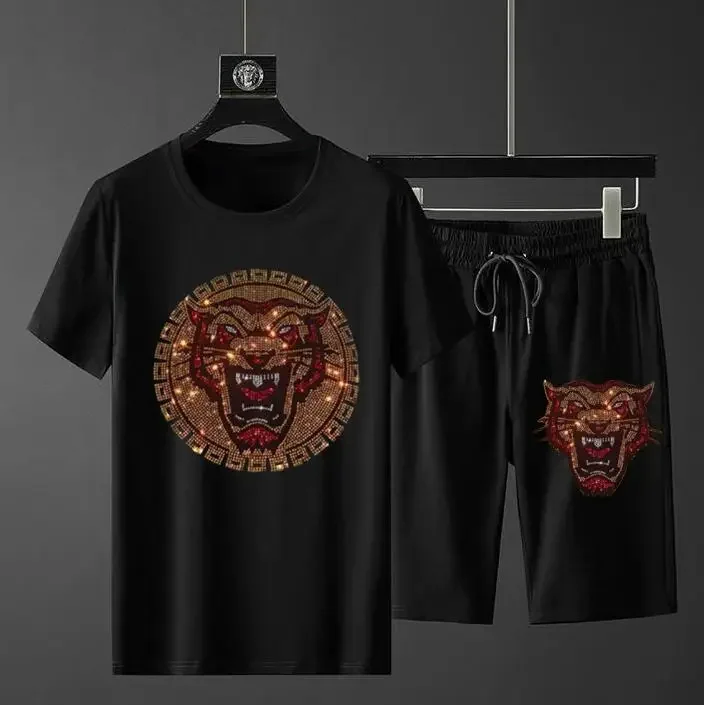 

S-4XL Anime Diamonds Tracksuit Men's Streetwear Fitness Rhinestones Suits Set Tops and Shorts