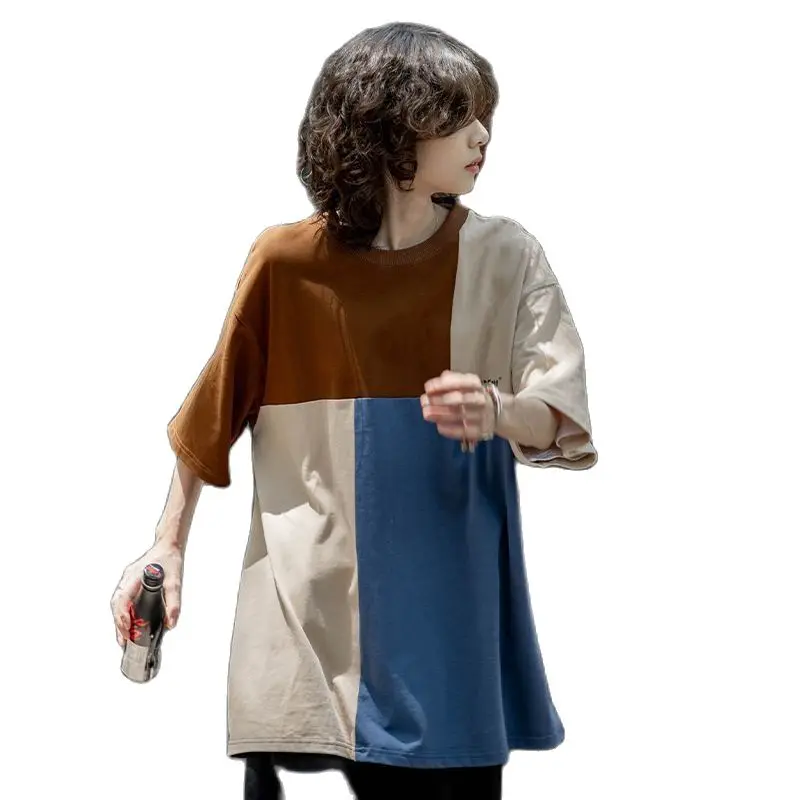 

Oversized Street Titching Contrast Cotton Short-Sleeved T-Shirt Round Neck Sports Neutral Casual Daily T-Shirt Top Women Men