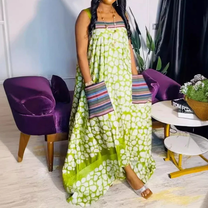 

2024 Elegant Off Shoulder Suspenders Dress Women Fashion Pattern Print Loose Party Dress Casual Sleeveless Irregular Long Dress