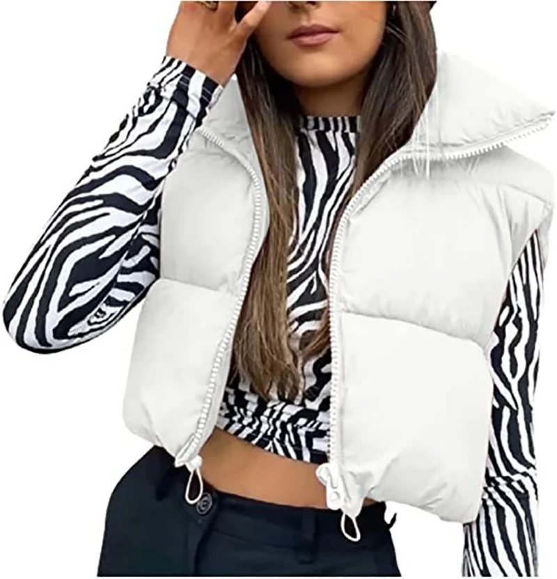 

2023 Women Zipper Casual Style Cotton Vest Stand Neck Thickened Top Sleeveless Breadman Vest Coat Fashion Solid Ladies Clothes