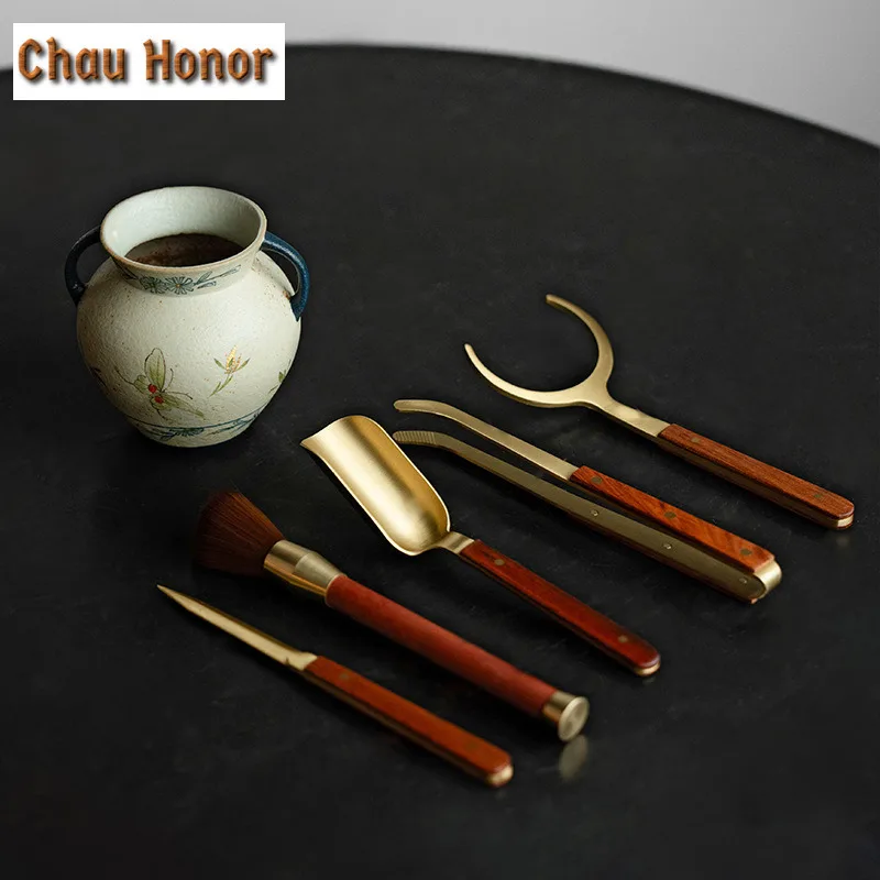 Blue And White Flint Red Tea Six Gentlemen Elegant Gold Drawing Butterfly Orchid Tea Tool Set Teaware Utensils Teaware Ornaments