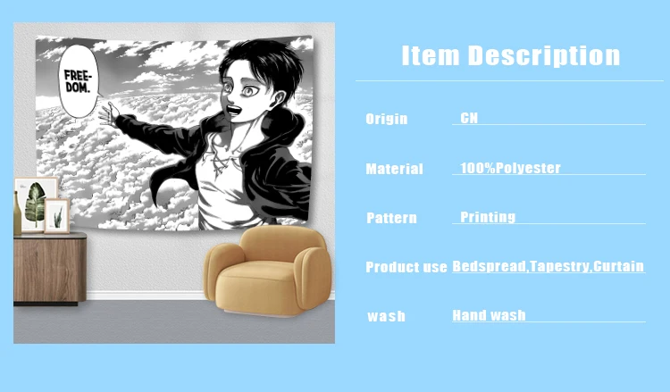 Description Picture 2 of itemEren Jaeger Freedom Tapestry Japanese Manga Printed Wall Hanging Room Decor Dormitory Backdrop Beach Blanket