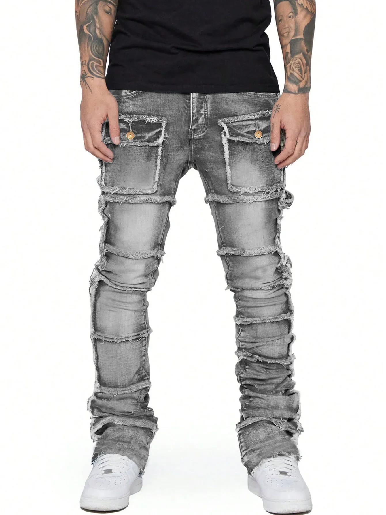 New Stretchy Jeans Men Ripped Washed Y2k Pants Retro Cargo Straight Leg Male's Patched Denim Trousers