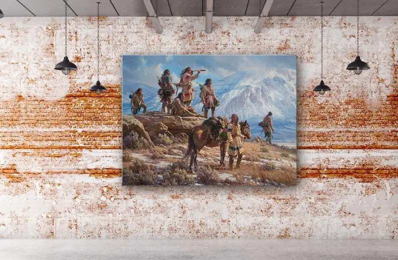 아메리칸 인디언 아트 캔버스-산 꼭대기에 있는 남성 아트 캔버스 포스터, 프린트 그림 벽 아트 장식
