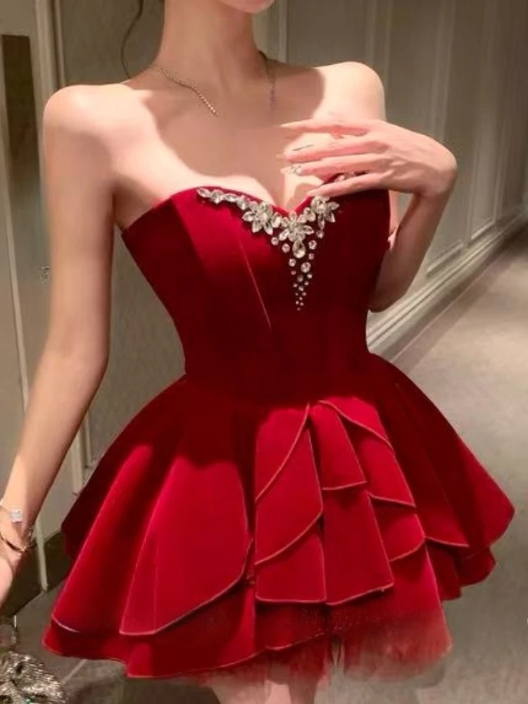 Elegant New Year Velvet Party Strapless Dress Christmas Red Fashion  Princess Dresses Women Aesthetic Design Sense Outfits 2026 - AliExpress  200000345