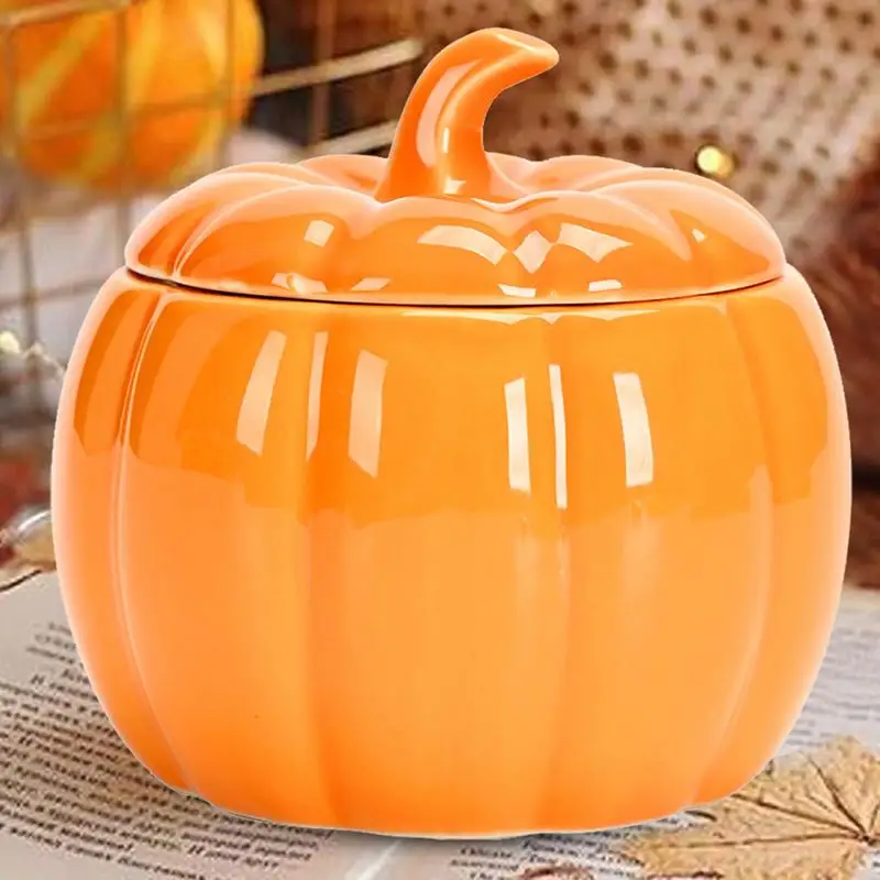 Ceramic Bowl Pumpkin Shape Cartoon Pumpkin Jar Soup Can with Lid Condiment Box Seasoning Pot Soup Bowl Kitchen Container 5