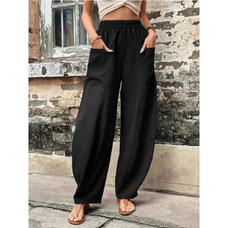 Spring Summer Solid Color Fashion Elastic Waist Wide Leg Trousers Women High Street High Waist Pockets Vintage All-match Pants