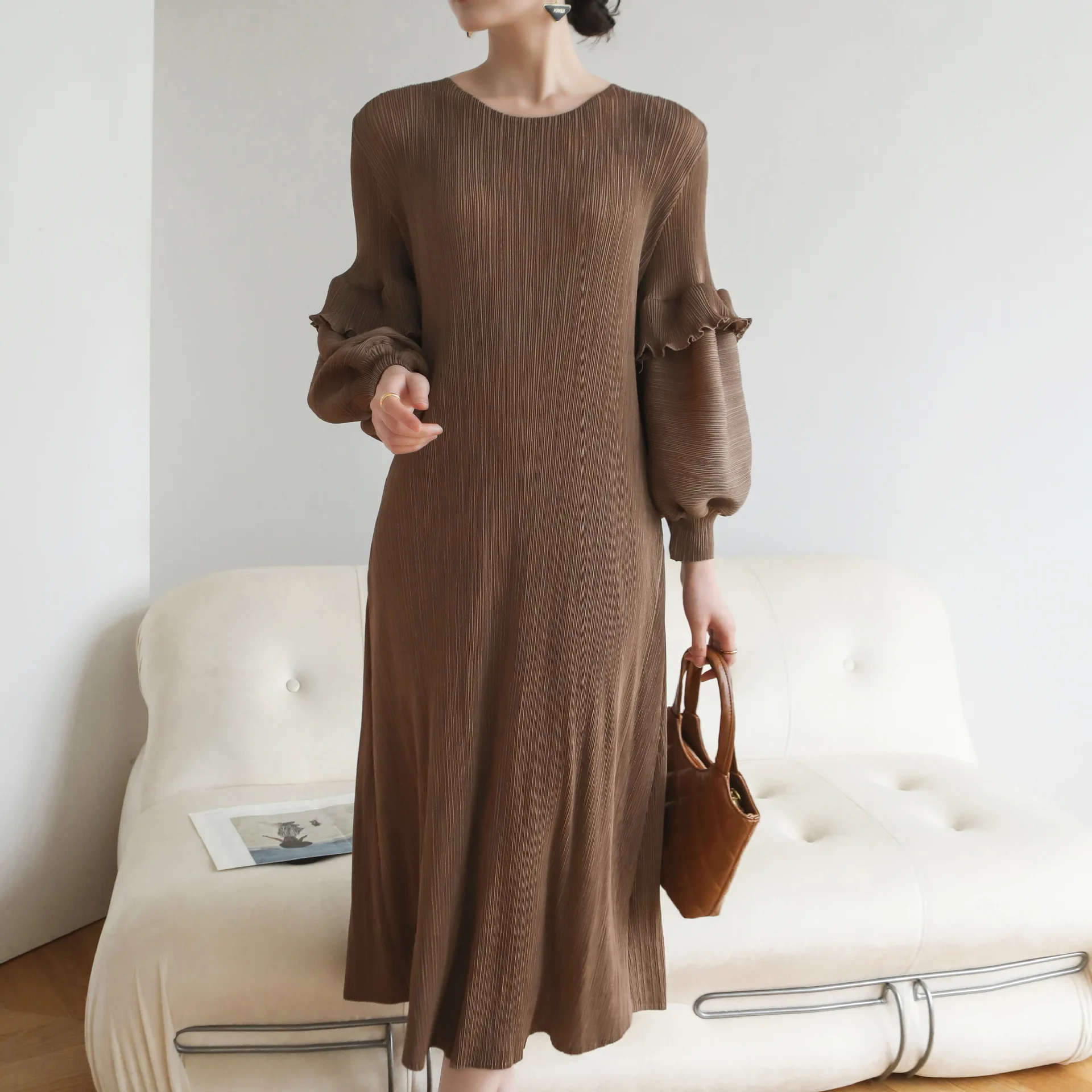 

Miyake Original Dress 2024 Fall and Spring New High-end Pleated Temperament Commuter French Lantern Sleeve Dresses Clothing