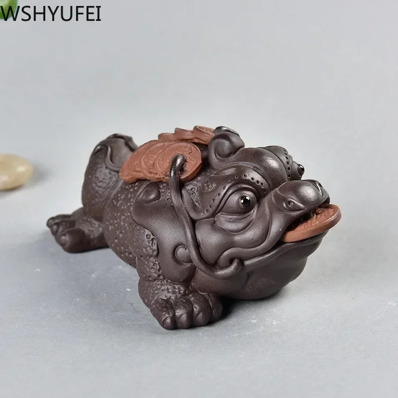 1 PCS 보라색 점토 차 애완 동물 장식품 두꺼비 차 인형 부티크 티 테이블 액세서리 조각 공예품 홈 인테리어