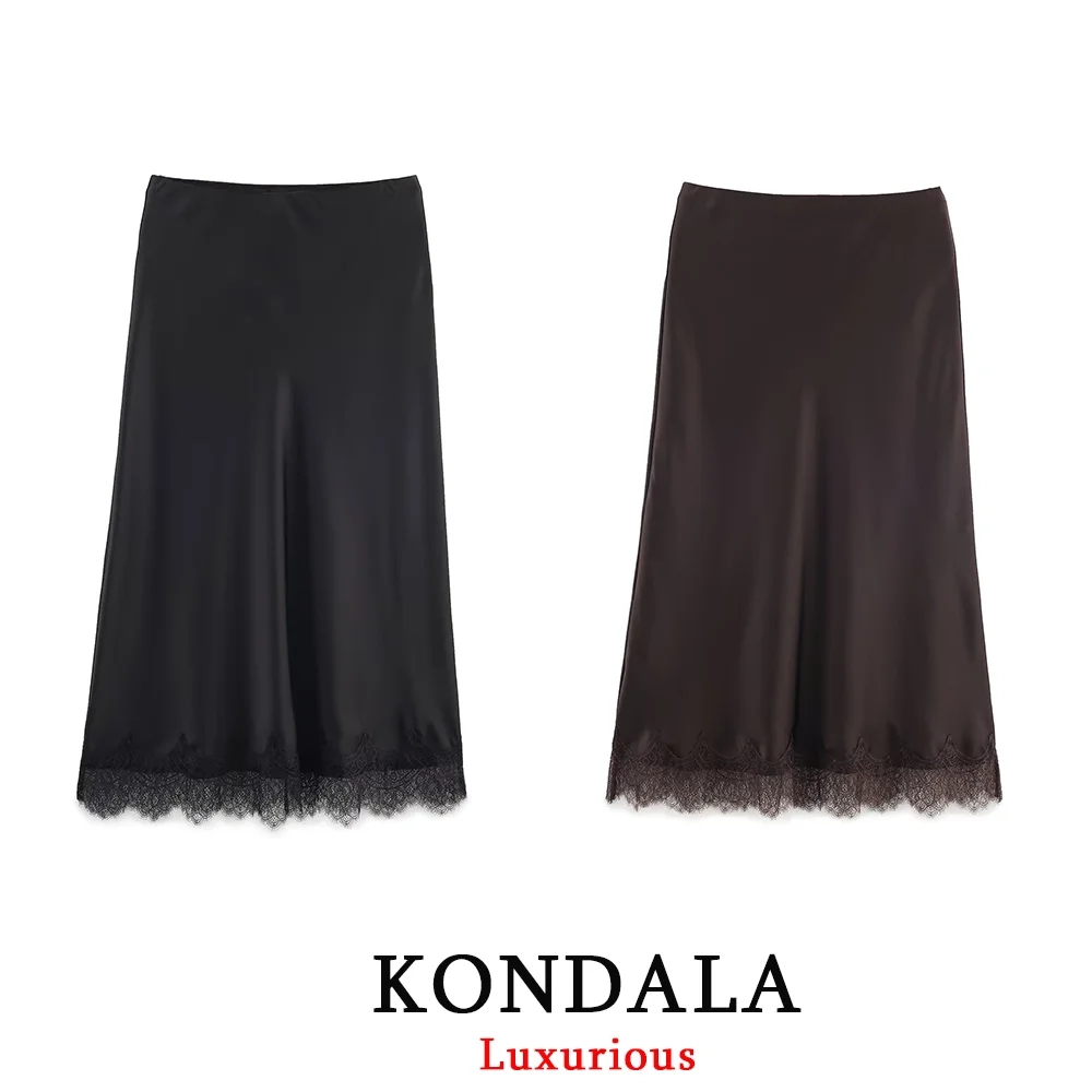 KONDALA Vintage Chic Satin Damen Lange Spitzenröcke Hohe Taille Gerade Midi-Party-Rock Mode 2026 Frühling Sommer Eleganter Rock – Detail 8