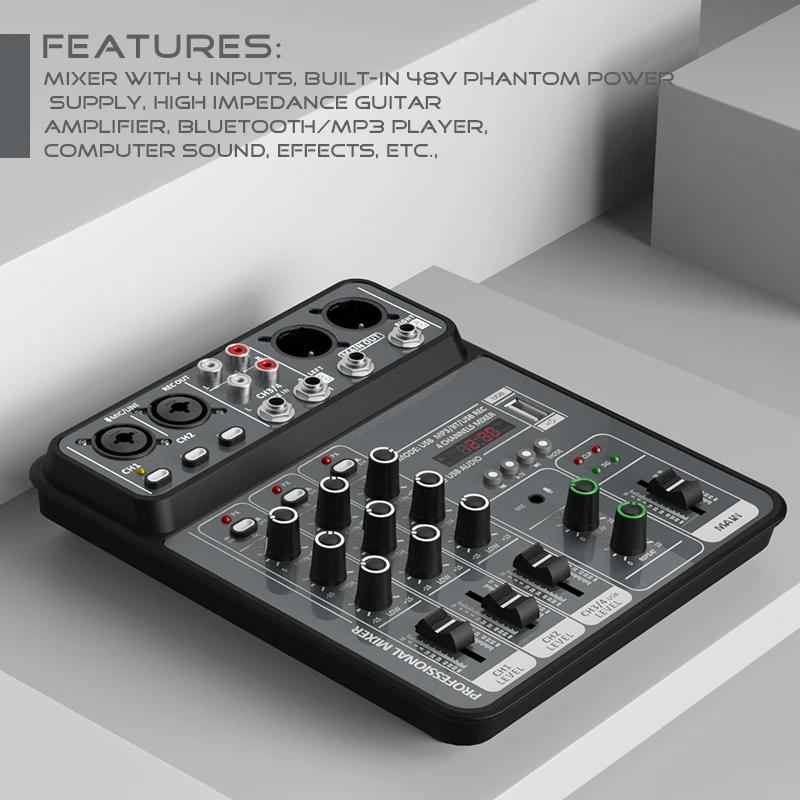Audio Mixer Professional 4 Channel DJ Karaoke Bluetooth 48V Power Supply sound Mixing console for Music Recording System