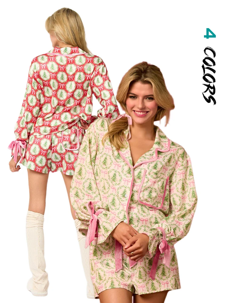 Y2k Pink Bow Pajama Sets for Women 2 Piece Shorts Cute Short Sleeve Matching Lounge Shirts Sets 90S Santa Claus pajamas pajama sets