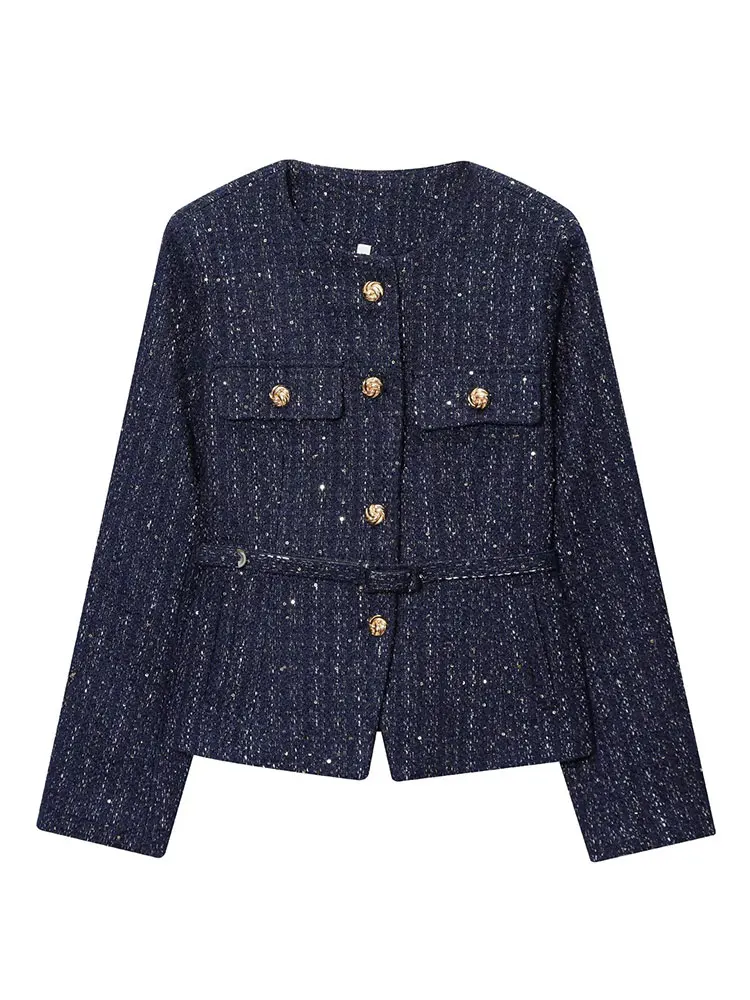 HH Women Fashion Sequin Coat Long Sleeve O Neck Single Breasted Overcoat Jacket With Belt Autumn Casual Office Lady Chic Outwear