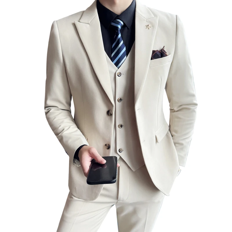 High quality fashion handsome (suit + vest + trousers) solid color casual trend business wedding three-piece set