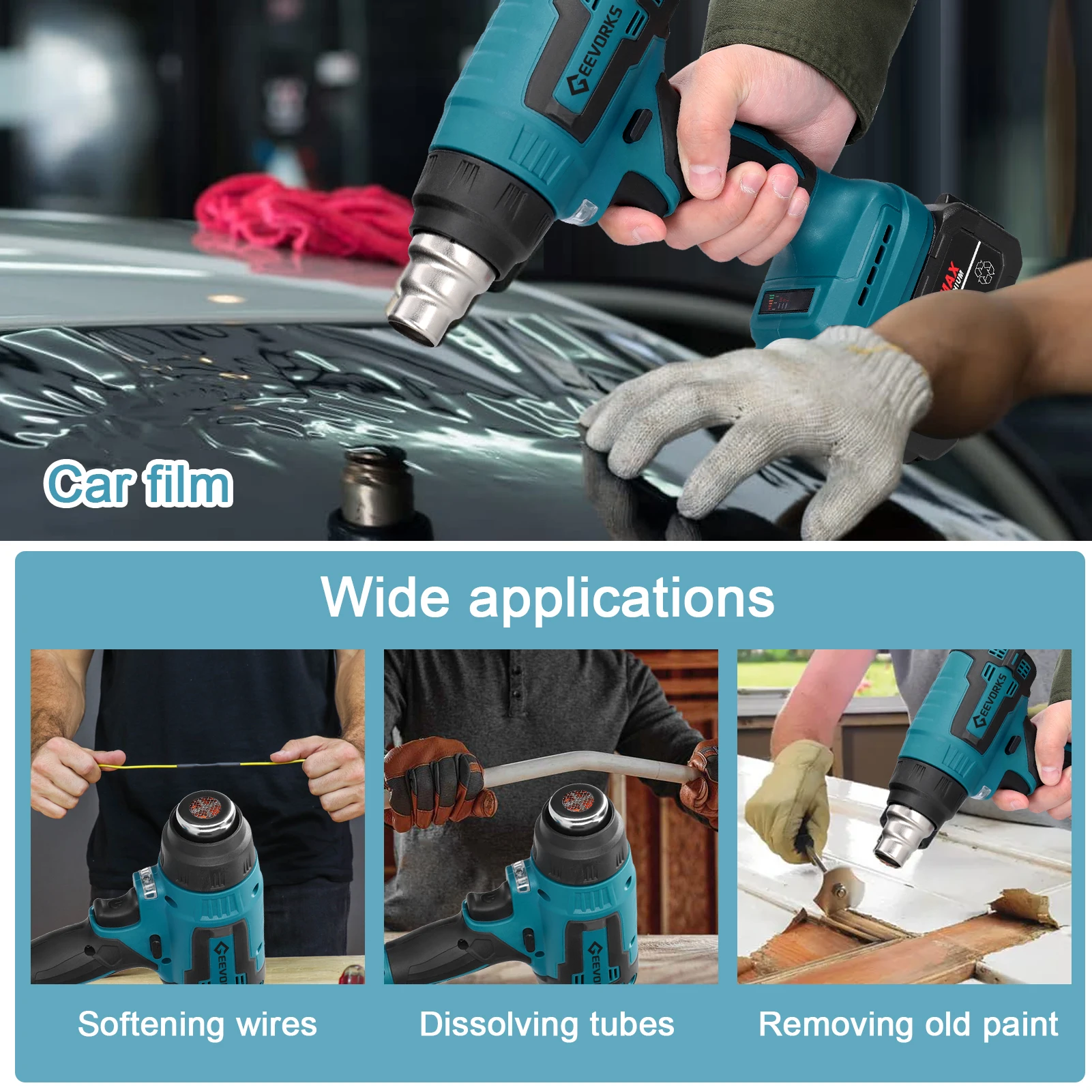 Cordless Electric Heat Gun Hot Air Machine Lithium Rechargeable Heating Equipment Home Power Tool with 3 Nozzles Hot Air Blower 4