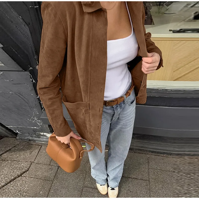 Casual Suede Long Sleeve Jackets Women Autumn Loose Brown Lapel Coat Top With Pockets Female Elegant Chic Street New in Outwear