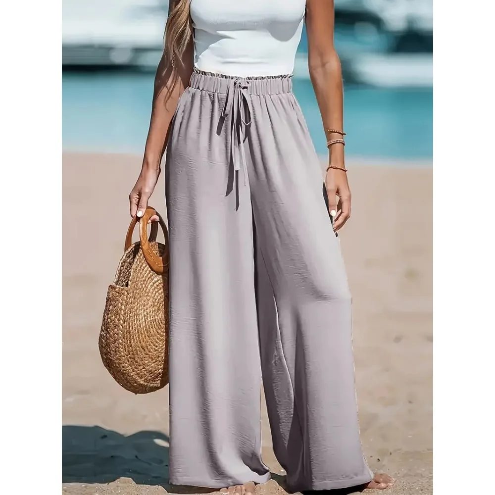 Womens Casual Wide Leg Pants Loose High Waisted Long Trousers Solid Color Soft Polyester Straight Culottes for Summer 6