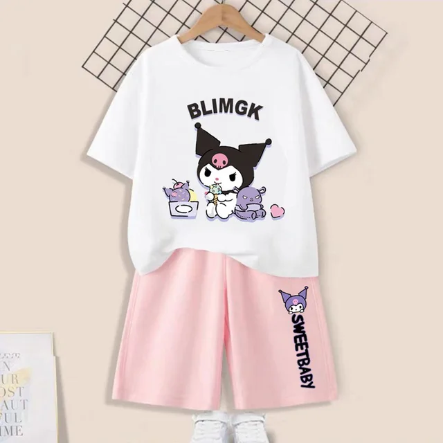 Sanrioed Anime Kuromi Melody Cinnamoroll Summer Kids Clothes Sets Sports Clothes Baby Girl Boy Clothing T-Shirts+Shorts 2 Piece