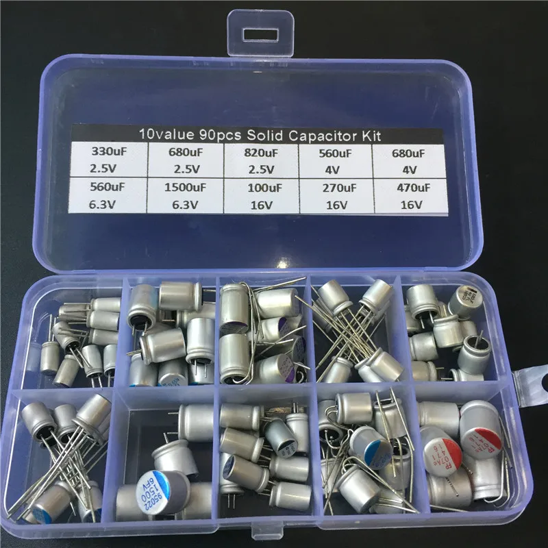 10values 90pcs solid capacitor assorted kit 2.5V/4V/6.3V/16V 100uF 270uF 330uF 470uF 560uF 680uF 1500uF With free storage box Solid Capacitor