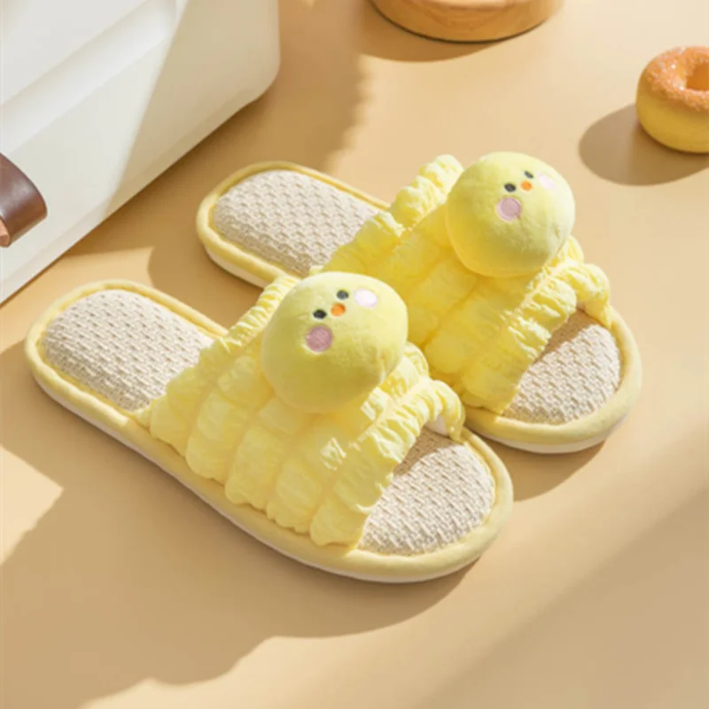 

Женские домашние тапочки из ткани, дышащие Шлепанцы из пеньки, на подошве из ПВХ, для спальни, удобные тапочки на плоской подошве, с мультяшным Кроликом, желтые