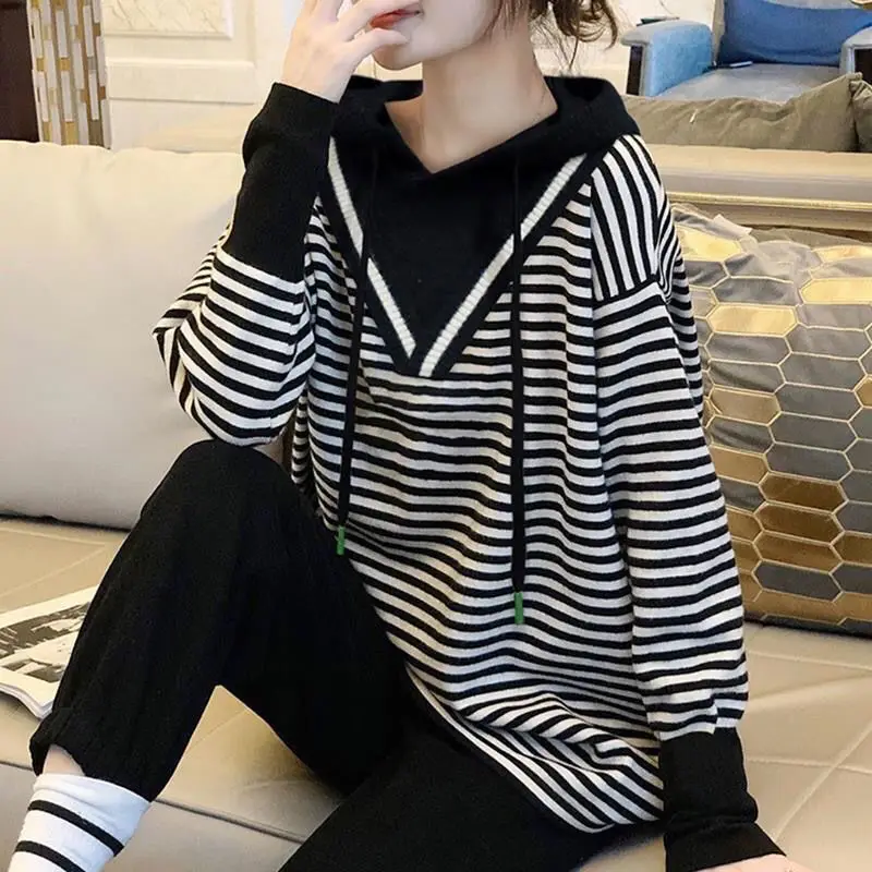 

Fashion Hooded Spliced All-match Striped Blouse Women's Clothing 2022 Autumn New Oversized Casual Pullovers Loose Korean Shirt