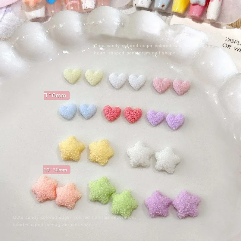 캔디 컬러 프로스티드 하트 & 스타 네일 참, 설탕 질감 레진 라인스톤, 플랫 백 3D 네일 아트 장식 DIY 매니큐어용