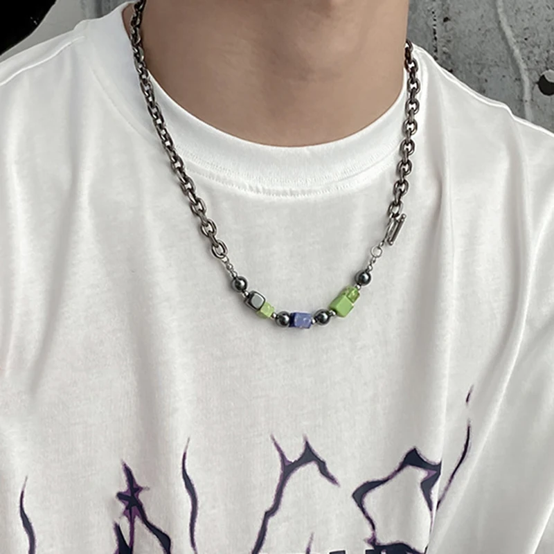 

Retro Agate Square Beads Stitching Necklace Men Stainless Steel Chain Necklace Hip hop Street Party Accessories Gifts for Friend