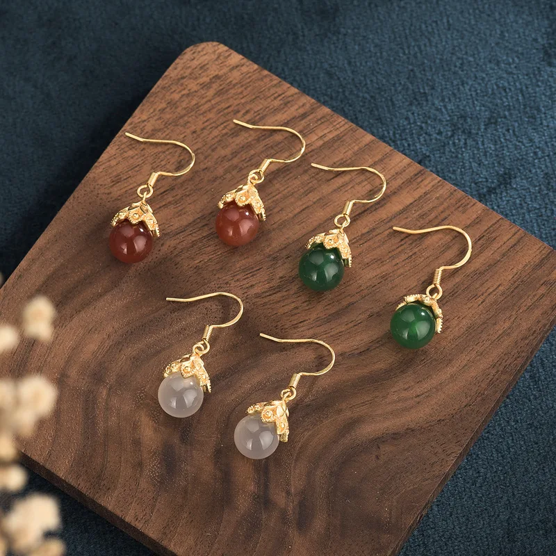 

925 пробы серебряные ювелирные изделия Дворцовый стиль дизайн в старинном стиле Позолоченные элегантные серьги из халцедона с инкрустацией в социалитом