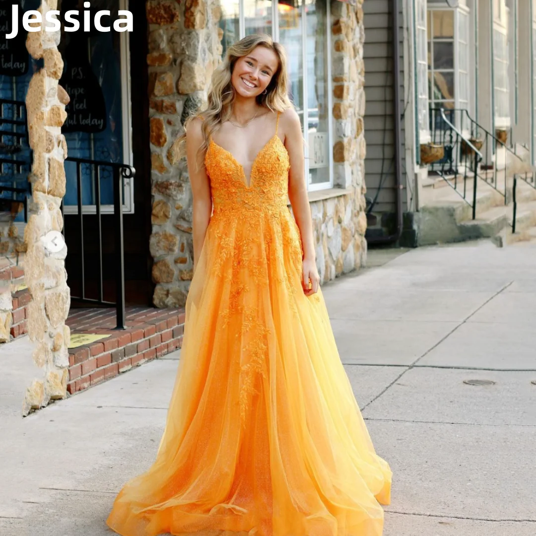 

Jessica Orange Color Prom Dresses Tulle Graduate Evening Dresses Special Occasion Women's Wedding Party Dresses Robes De Soirée