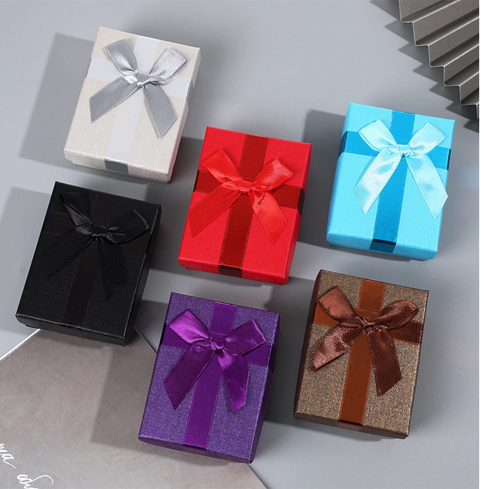 20pcs/Lot Bulk Rings Storage Box DIY Luxurious Bow Double Rings Case 7x9x3cm Coffee Purple Cardboard Jewelry Boxes With Sponge