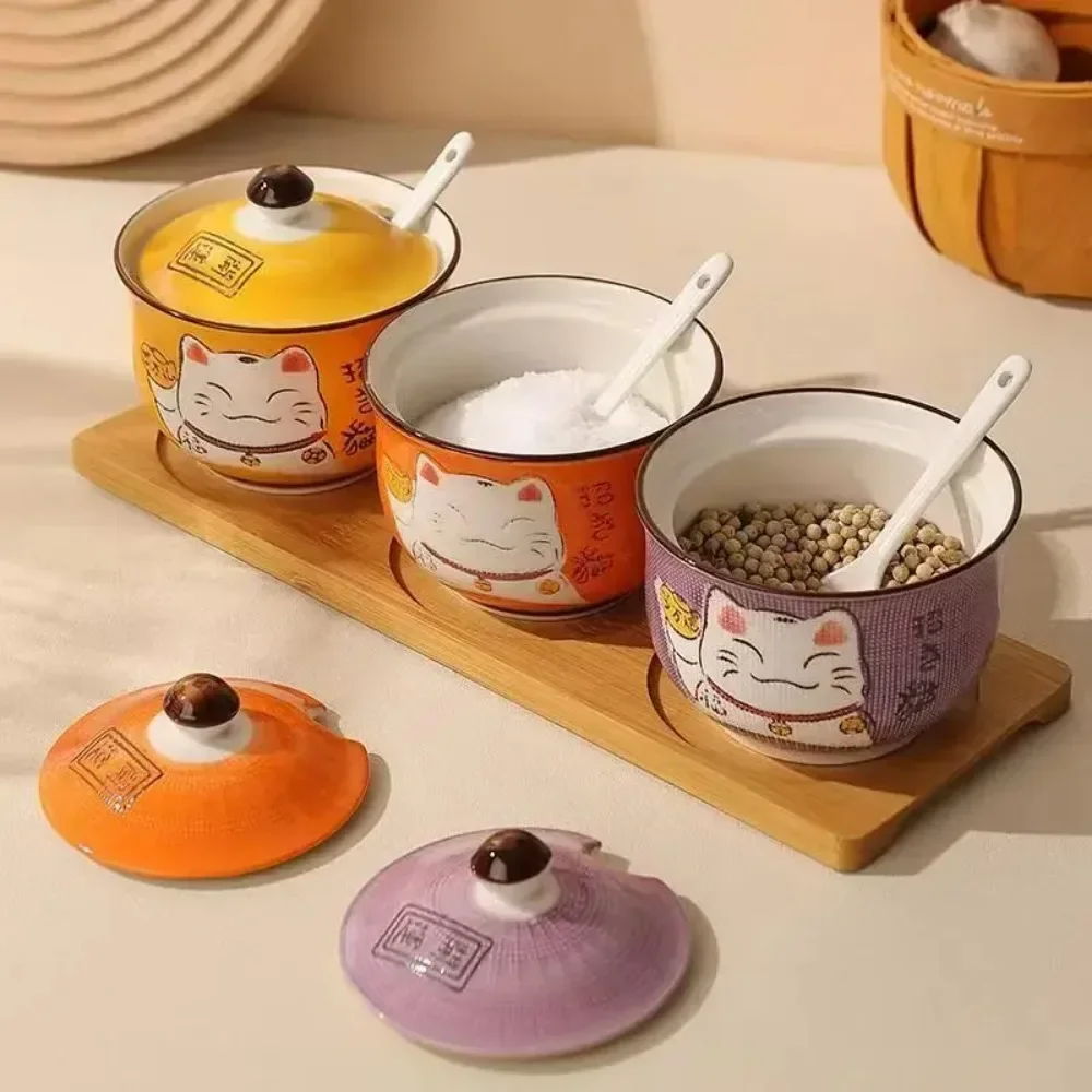 Creative Hand-painted Cat Ceramic Seasoning Jar,cartoon Japanese Korean Seasoning Lid,gift Box Tools Oil Bottle