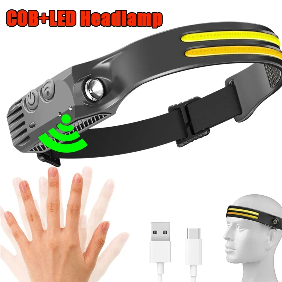

COB LED Sensor Headlamp 8 Lighting Modes USB Rechargeable Built in 1200Mah Battery Headlight Flashlight Camping Torch Lantern