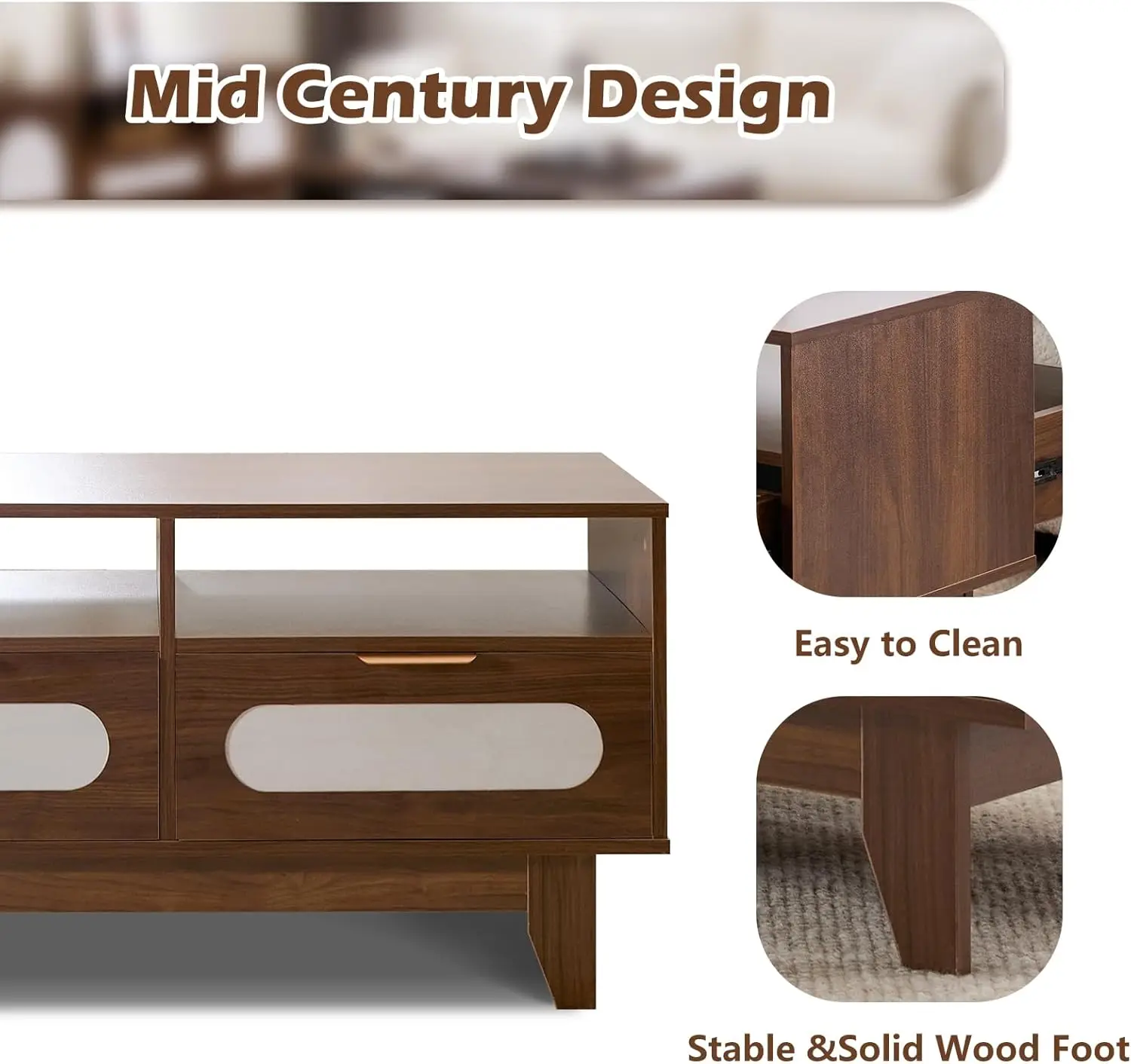 39 inch Mid Century Coffee Table with 4 Drawers and 2 Shelve, Rectangle Wooden Wood Coffee Table for Living Room,Walnut