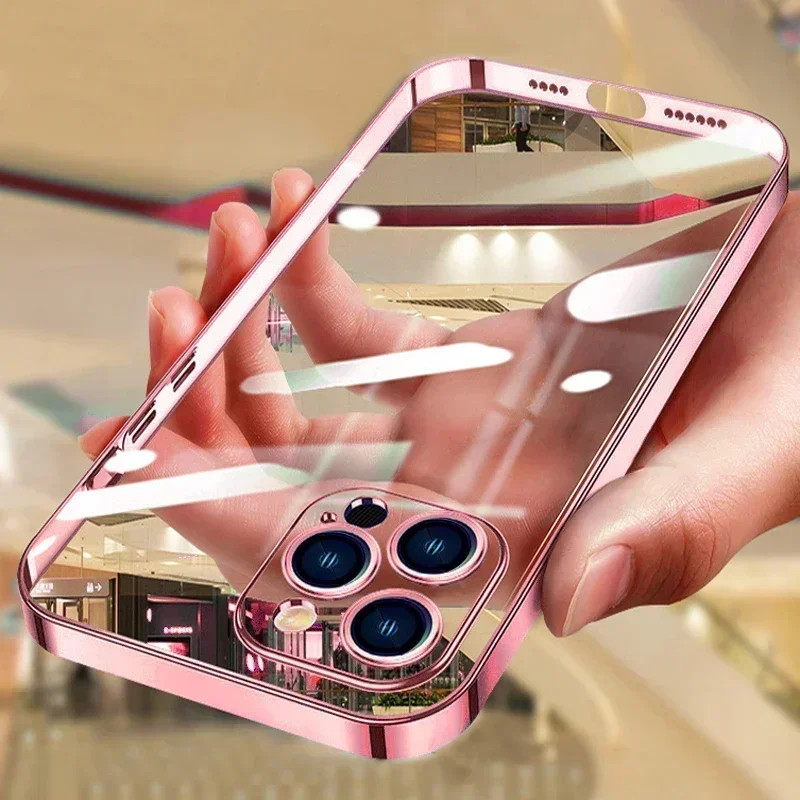 

Luxury Transparent Plating Phone Case For iPhone 15 14 13 11 12 Pro Max Mini 7 8 15 Plus XS XR X SE2 Lens Protective Cover funda