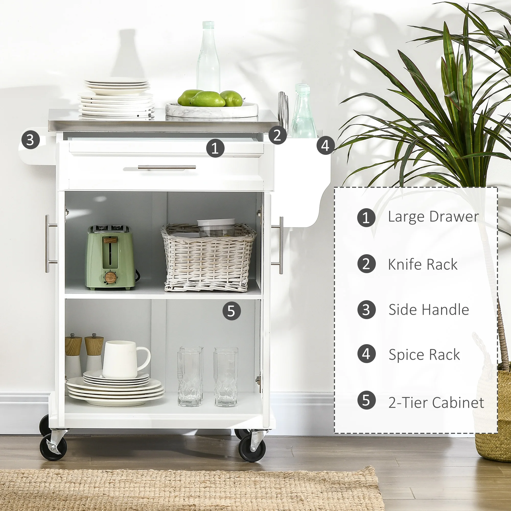 Wood Kitchen Island Cart Storage Box Cabinet Drawer Trolley w/ Stainless Steel