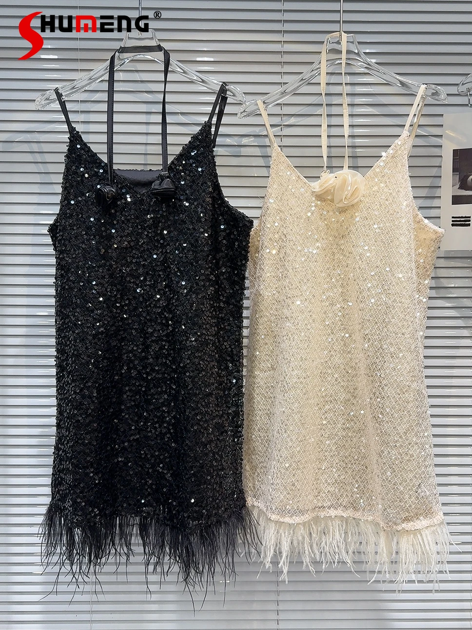 

Fashion 2024 Women’s Summer New Dresses Feminine Socialite Flower Sequin Fabric Dress Feather Sling Sleeveless Solid Color Dress