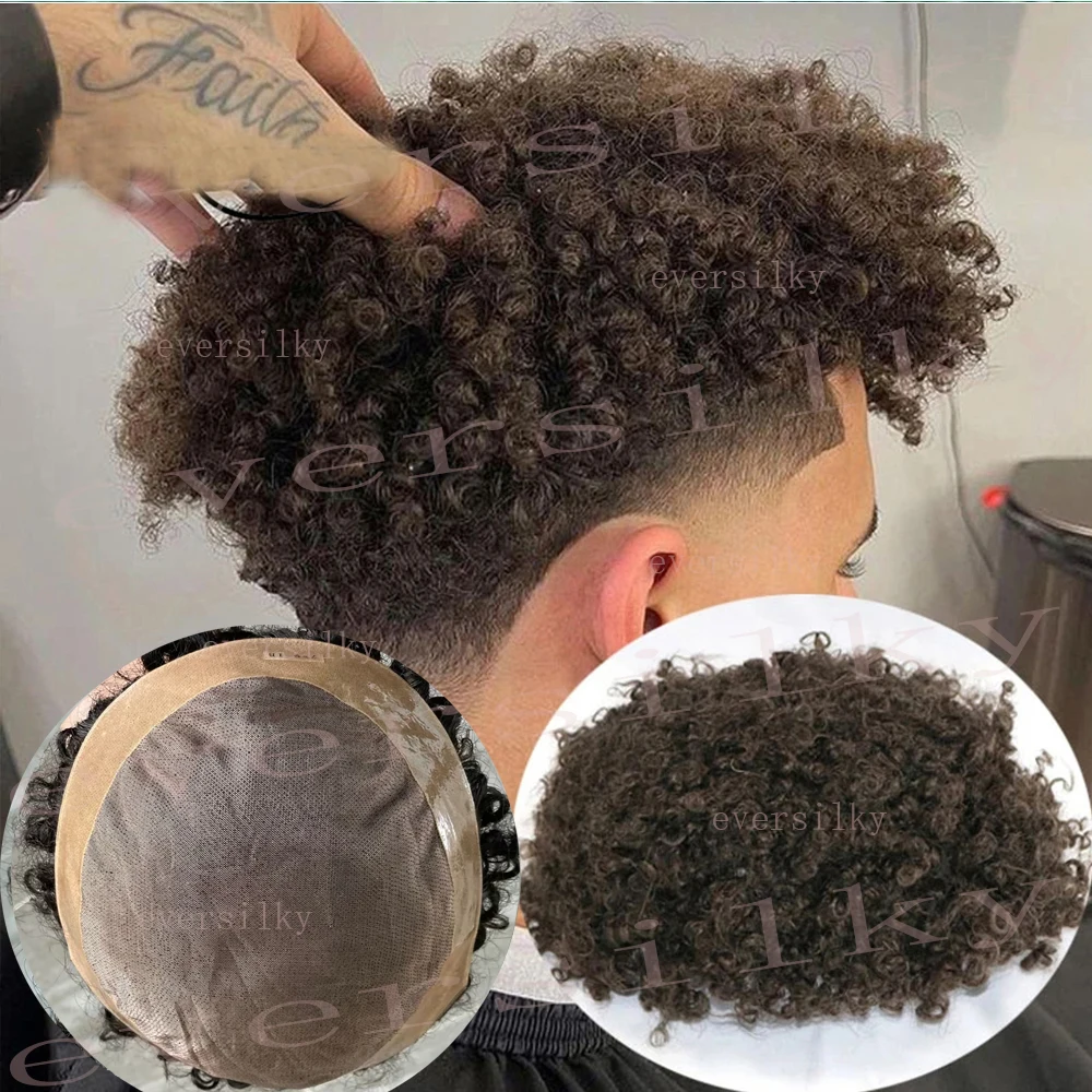 

8mm Afro Kinky Curly Human Hair Toupee for Men Mono Lace with PU Around African American Black Mens Prosthesis Breathable System