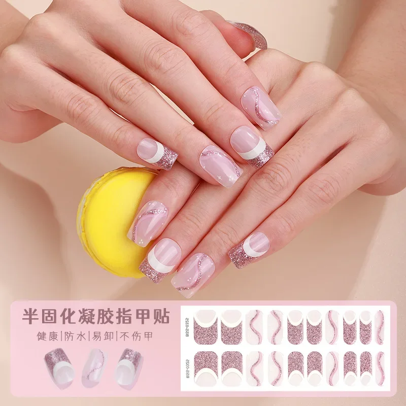 20Tips Lamp Hardening Gel Nail Sticker French Scallion Powder Imitation Drill UV Half Roasted Nail Products Decorations
