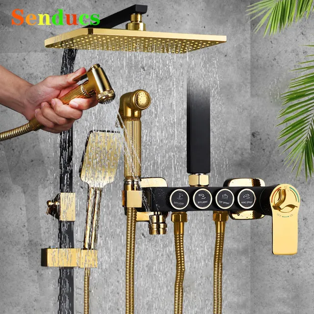 Thermostatic ห้องน้ําระบบก๊อกน้ําสีดําทองเหลืองอ่างอาบน้ํา Water TAP Rain Shower HEAD ร้อนเย็นห้องน้ําชุด 1