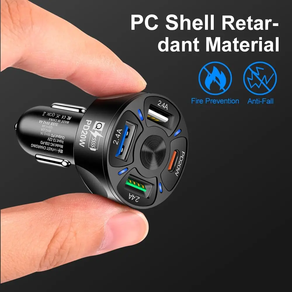 Fast Car Charger with 5 Ports and PD QC3.0 for iPhone and Android