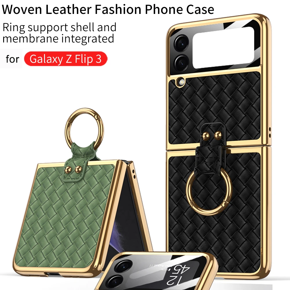Fashion Weave PU Leather Luxury Plating Phone Case for Samsung Galaxy Z Flip 3 5G Flip3 Protective Back Cover with Ring Bracket samsung galaxy z flip 3 5g case