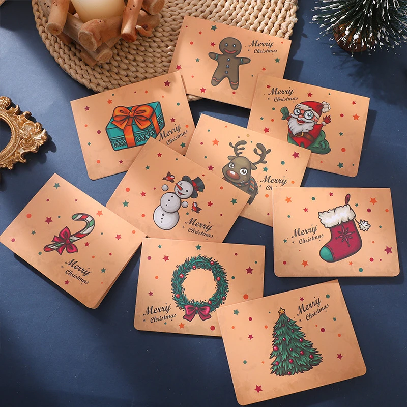 

9pcs Merry Christmas Greeting Card Kraft Paper Gift With envelope sticker xmas Favors Folding Card Postcard New Year Cards Kids