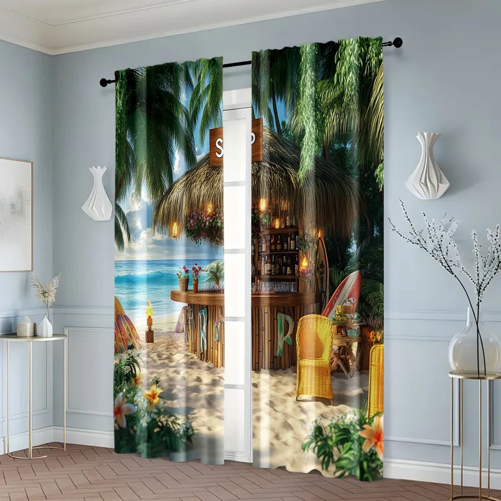 2pc,  Window Drapes Flower Beach Cottage Landscape Map Blackout  Polyester Birthday Party Applies to Seasonal Decorations 6