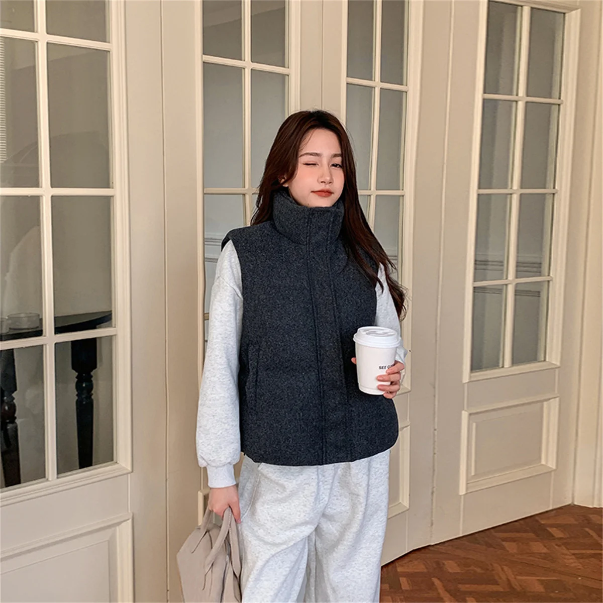 Women's Short Down Cotton Vest Korean Fashion New Stand-up Sleeveless Zipper Student Vest Jacket Black Gray Waistcoat Tide 2026