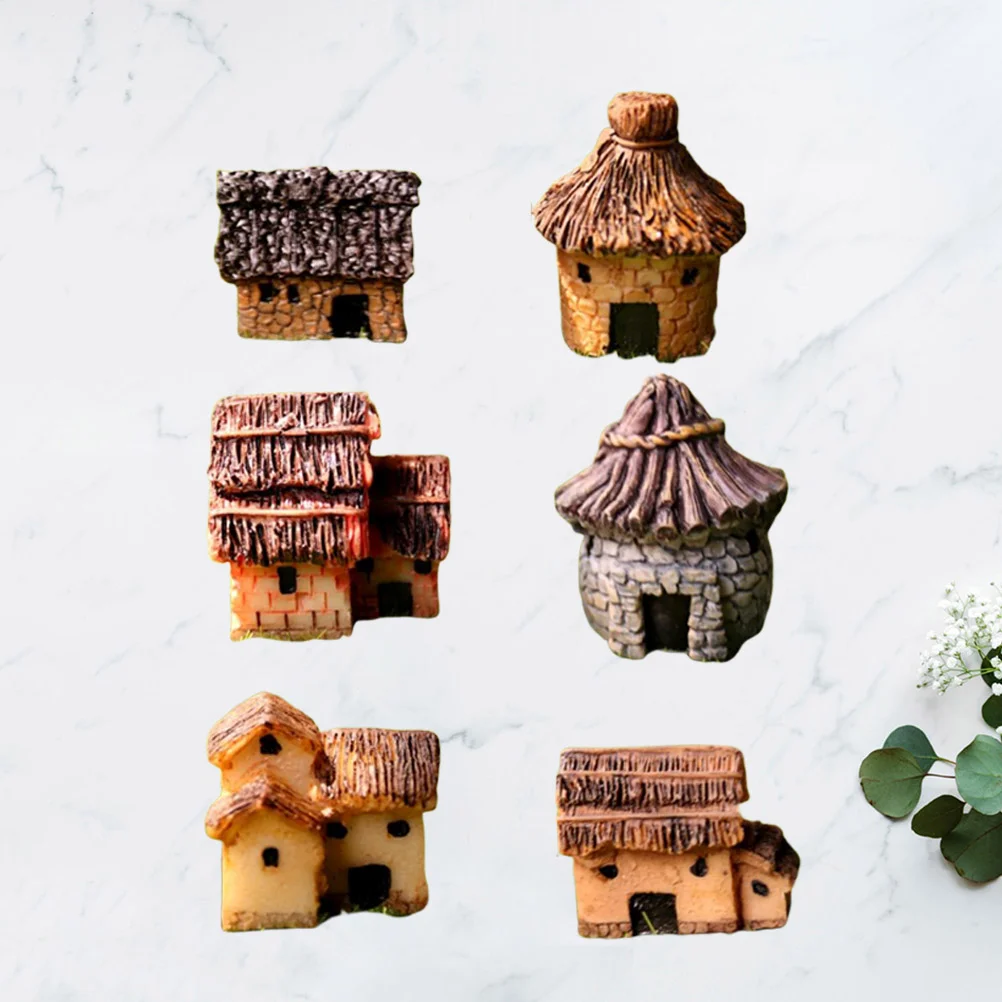 

6pcs Pastoral Style Mini Thatched House Shape Crafts Resin Crafts Decoration Micro Landscape Small Ornaments