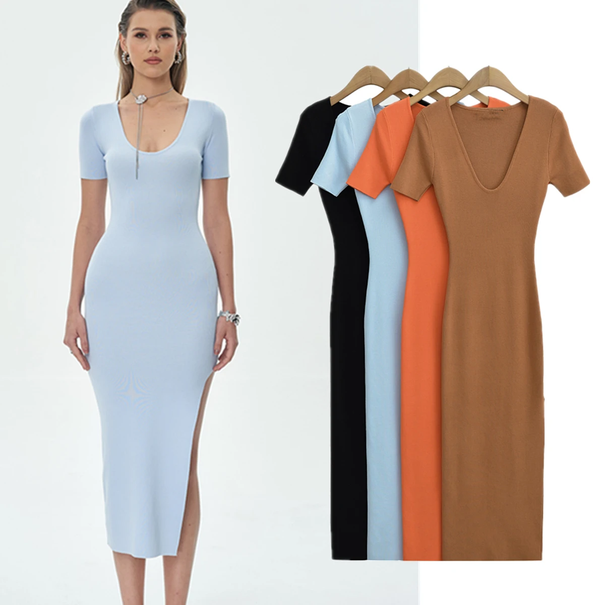 

Jenny&Dave Sexy Split Summer Dress Nordic Minimalism Knitted Dress Short Sleeve Party Dress Round Neck Slim Fit Dress Women