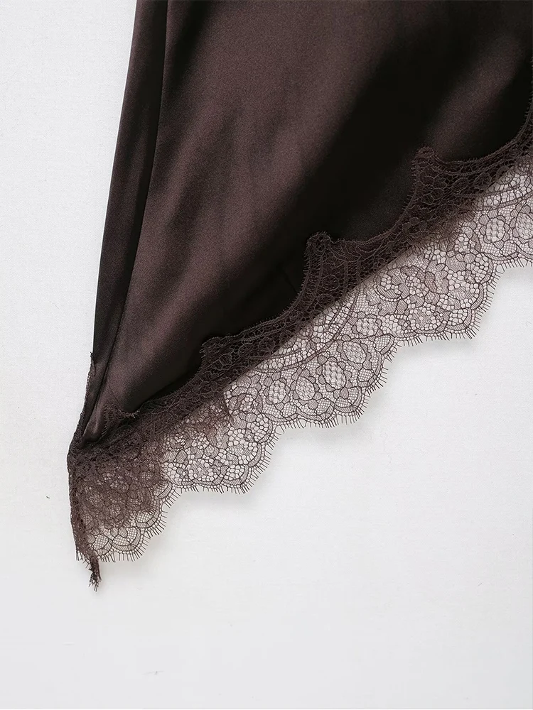 Women's Dress New Summer 2025 Brown Suspender Silk Satin Irregular Long Dress Backless Sexy Fashion Elegant Party Dresses ﻿