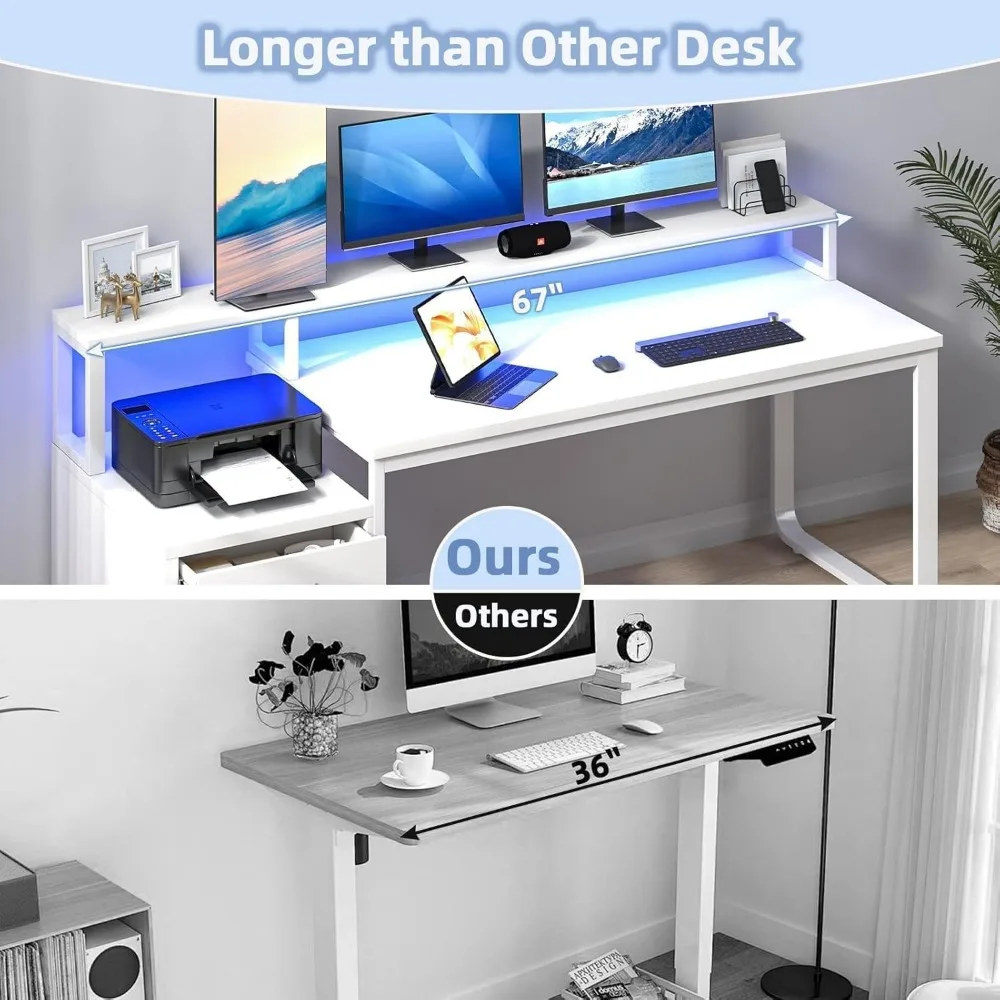 67 Inch Computer Desk with Drawer & LED Lights, Home Office Desk with Storage Shelves, Reversible Workstation for Bedroom, Moder 6