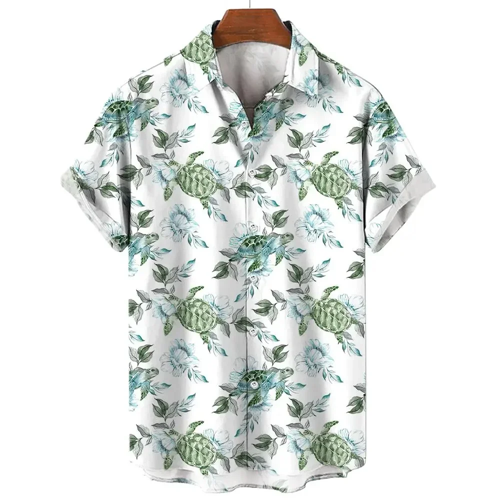 3D printed men's shirt, men's casual and fashionable short sleeved shirt, lapel button, underwater world pattern, turtle
