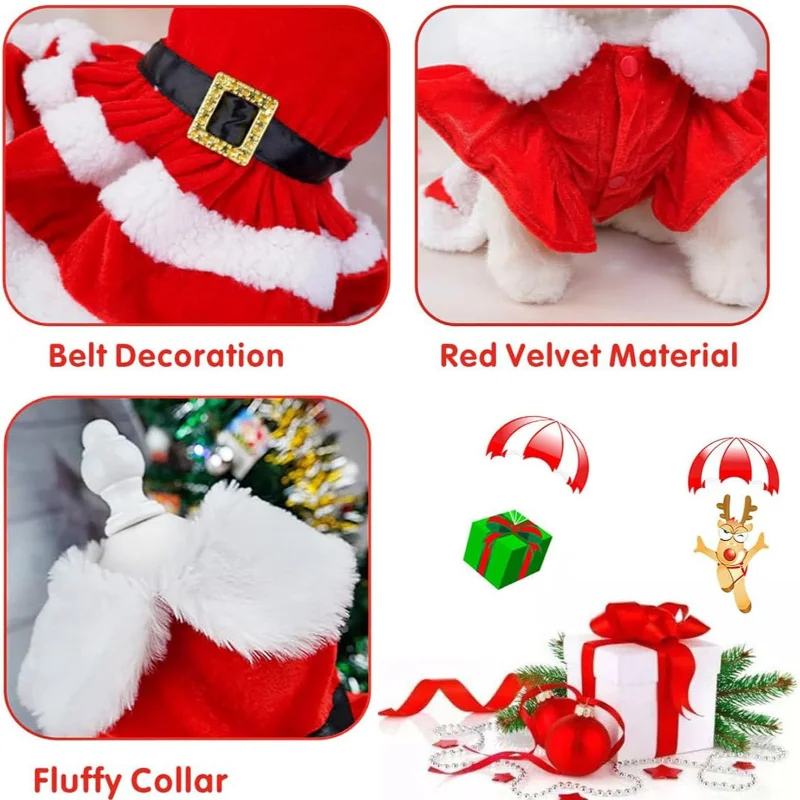 Dog Costume Set Dog Coats Dog Christmas Costume Puppy Dress Santa Claus Pet Clothes Velvet Skirt Winter Outfit For Small Medium Dogs Cats Warm Coat Xmas